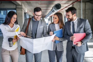 Un homme entouré de ses collègues lit un plan
